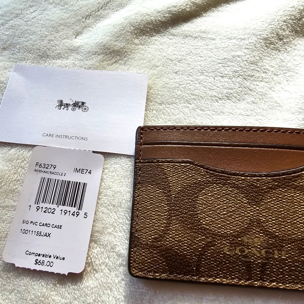 Coach Signature Pvc Card Holder NWT khaki and saddle leather